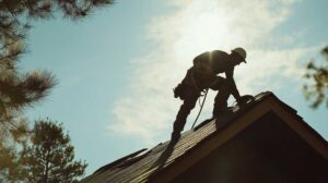 A person on a ladder closely examining the condition of a residential roof with visible shingles and a gutter.